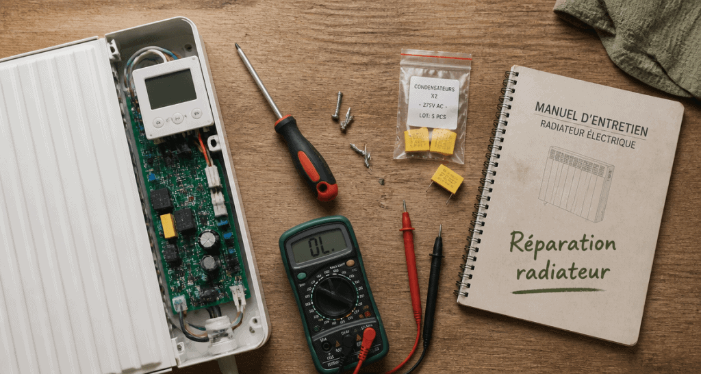 Réparation radiateur électrique avec outils et carte électronique