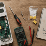 Réparation radiateur électrique avec outils et carte électronique