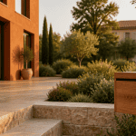 villa maison avec terrasse et jardin au coucher du soleil