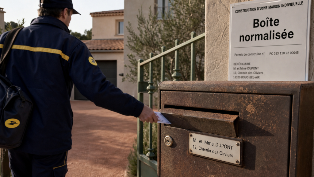 Boites aux lettres normes : dépôt de courrier par un facteur