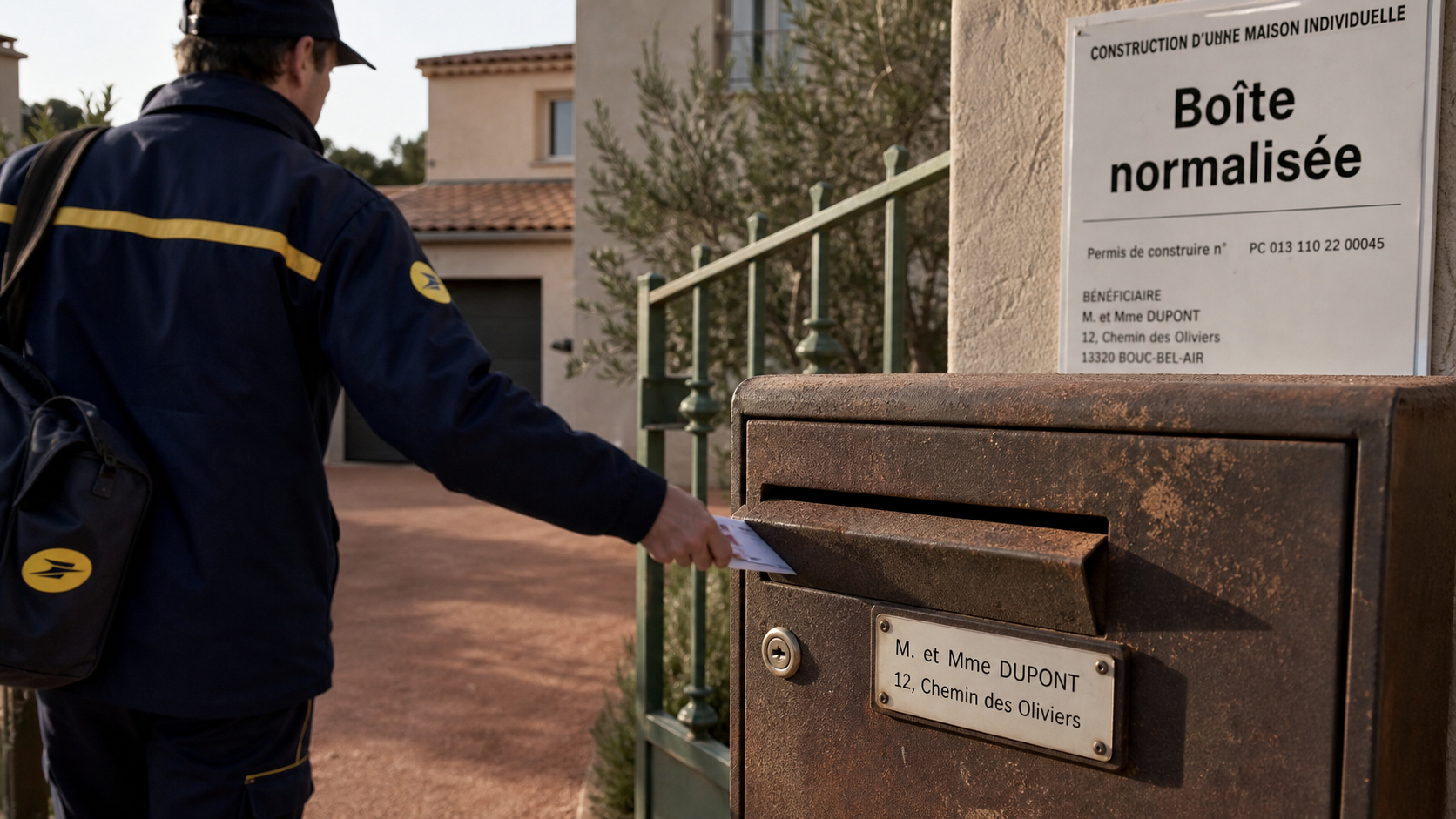 Boites aux lettres normes : dépôt de courrier par un facteur