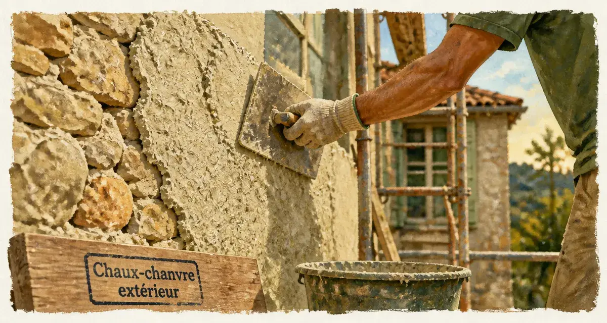 Enduit chaux chanvre exterieur sur façade ancienne en chantier