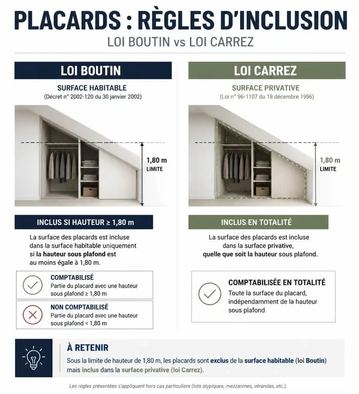 Infographie comparative : placard et surface habitable loi Boutin vs loi Carrez