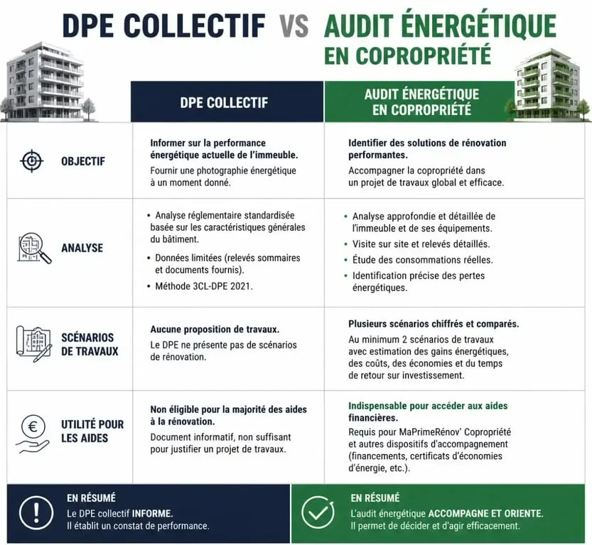 Infographie comparative entre le DPE collectif et l'audit énergétique en copropriété pour la rénovation énergétique.