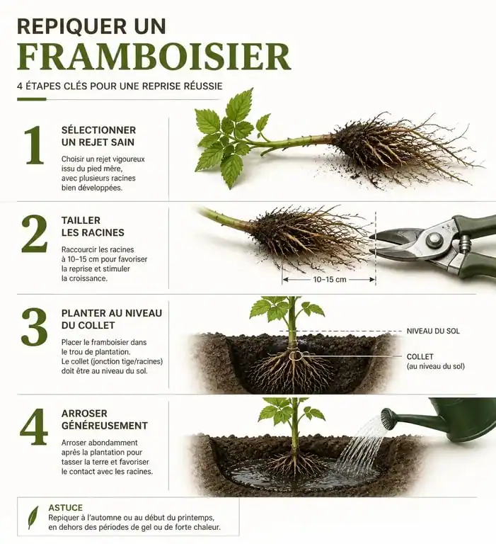 Étapes illustrées pour réussir le repiquage des framboisiers au jardin