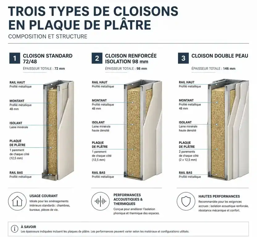 Schéma technique comparatif des épaisseurs de cloison placo selon la composition
