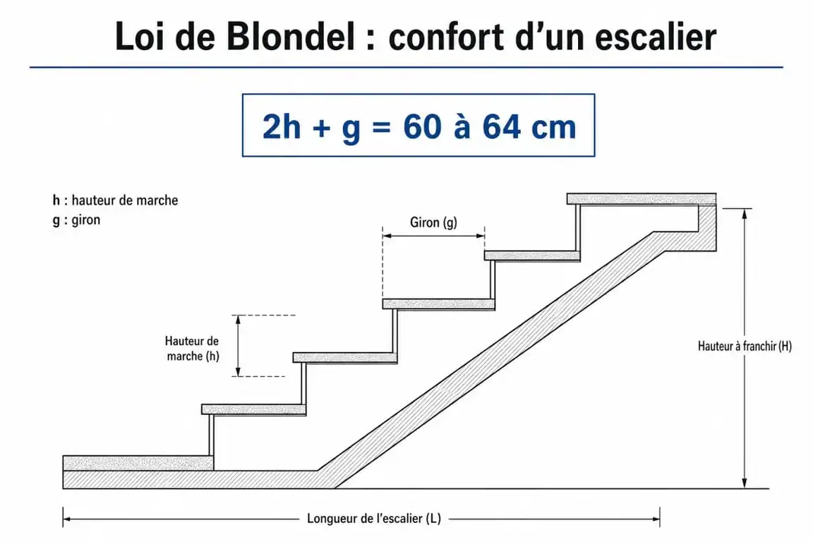 Schéma explicatif de la loi de Blondel pour fabriquer un escalier en métal