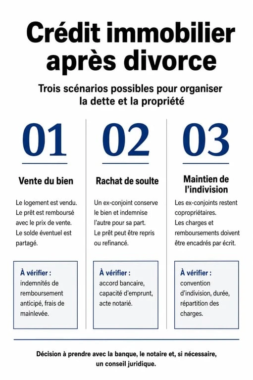Infographie comparative des options pour gérer un crédit immobilier en cours lors d'un divorce