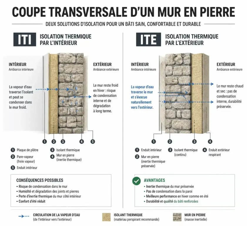 Schéma comparatif de l'isolation par l'intérieur et l'extérieur pour isoler un mur en pierre