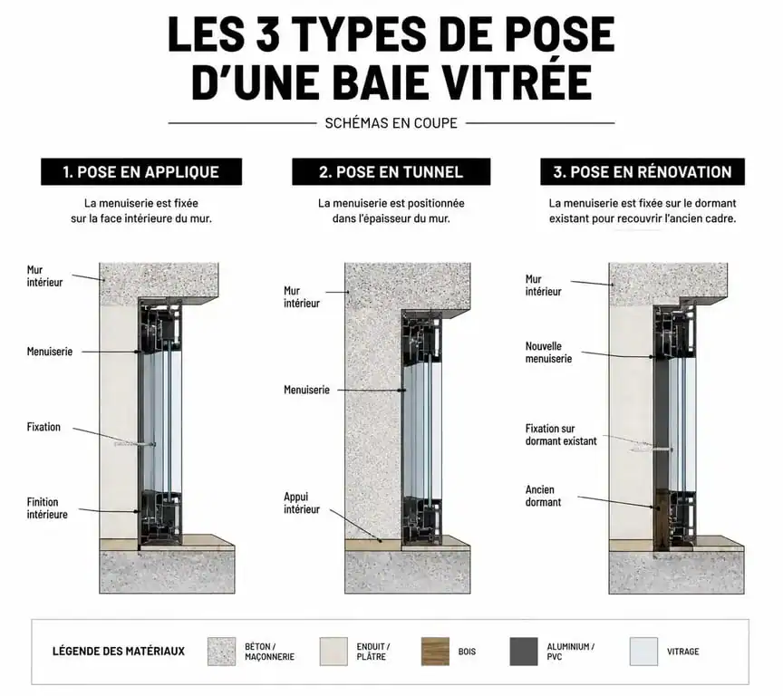 Schéma des différentes méthodes d'installation d'une baie vitrée : pose en applique, en tunnel et en rénovation.