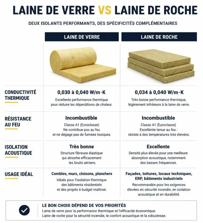Infographie comparative entre la laine de verre et la laine de roche pour l'isolation thermique et acoustique