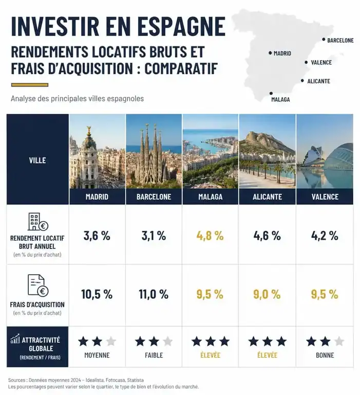 Comparatif des rendements locatifs et frais d'achat pour investir en immobilier en Espagne par ville