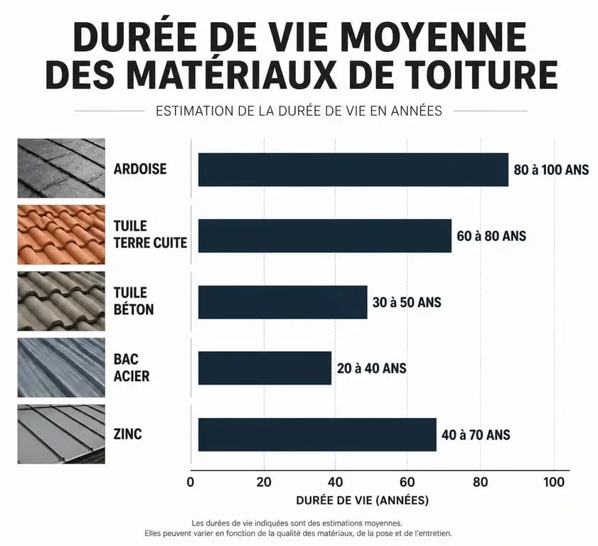 Infographie comparative de la durée de vie des matériaux de toiture pour estimer la longévité de votre couverture.