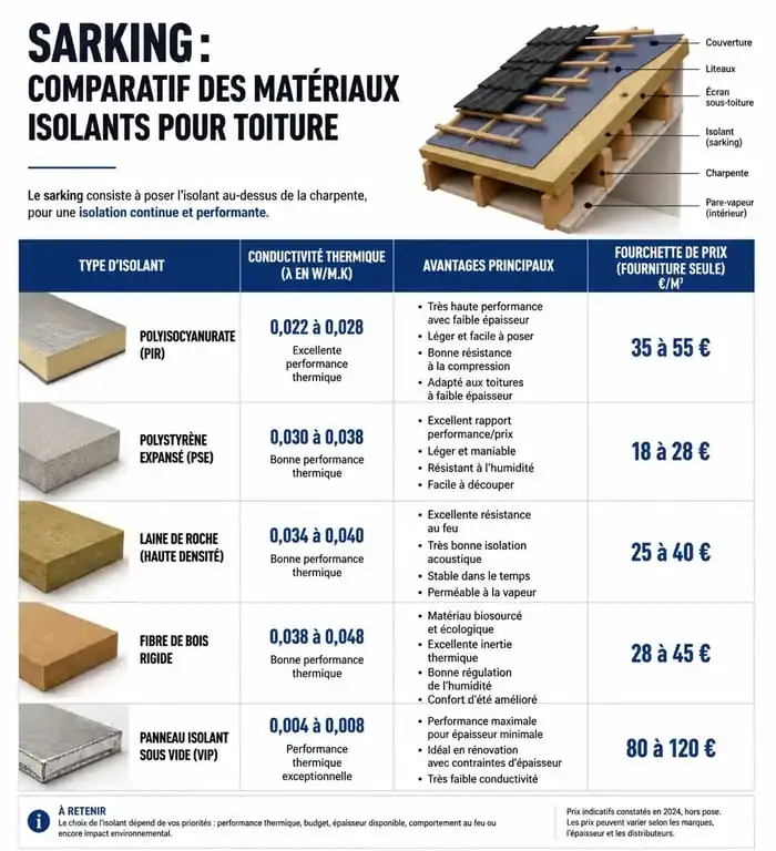 Comparatif des matériaux isolants pour isolation de toiture par sarking prix m2