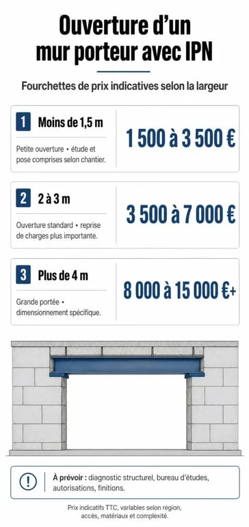 Infographie des prix pour l'ouverture d'un mur porteur avec IPN selon la largeur de l'ouverture