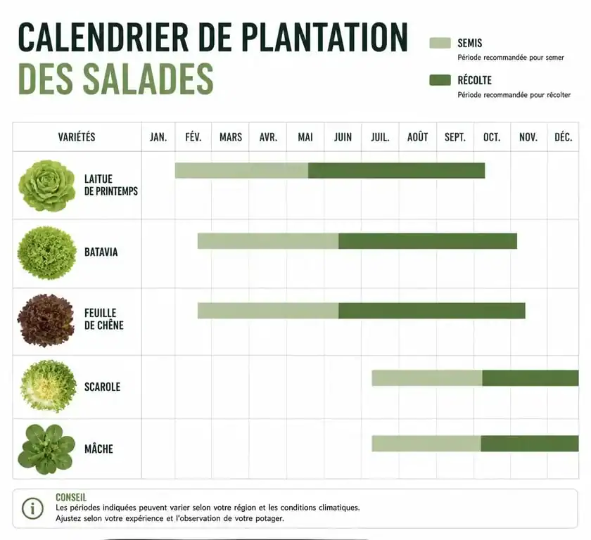Calendrier de plantation des salades : périodes de semis et de récolte par variété pour réussir son potager