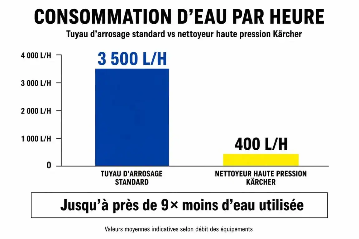 Comparatif de la consommation d'eau entre un tuyau d'arrosage et un nettoyeur haute pression Kärcher
