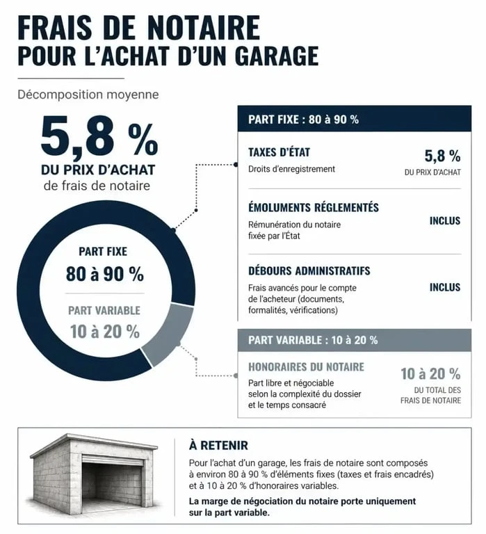 Décomposition des frais de notaire pour l'achat d'un garage : taxes, émoluments et débours