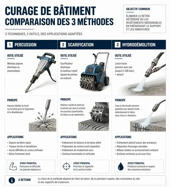 Infographie comparative des méthodes de curage de bâtiment : percussion, scarification et hydrodémolition.