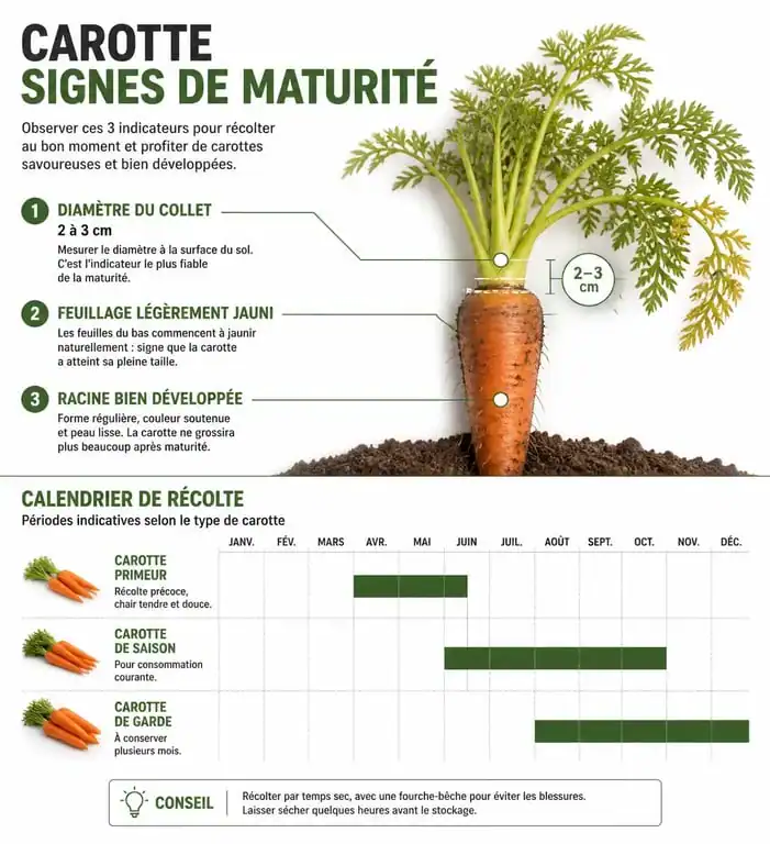 Infographie sur les signes de maturité et le calendrier de récolte des carottes au potager