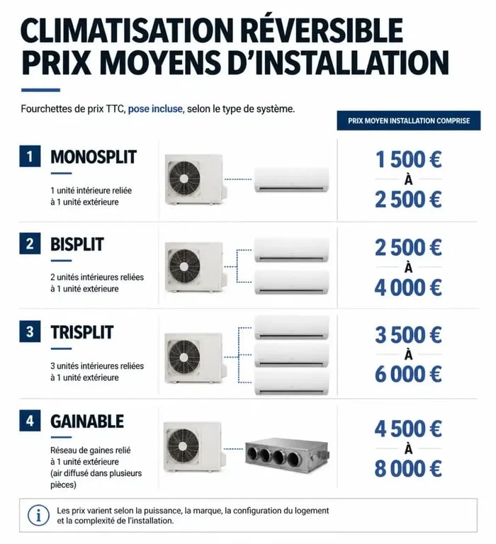 Infographie des prix moyens d'installation d'une climatisation réversible par type de système