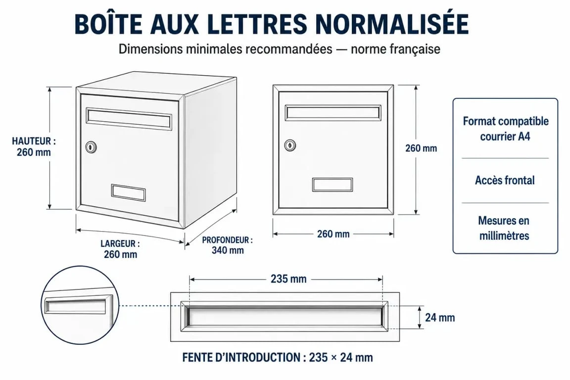 Schéma des dimensions normalisées pour une boîte aux lettres aux normes en France