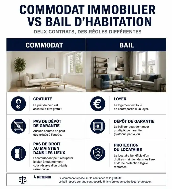 Tableau comparatif entre le commodat immobilier et le bail d'habitation pour comprendre les différences juridiques.