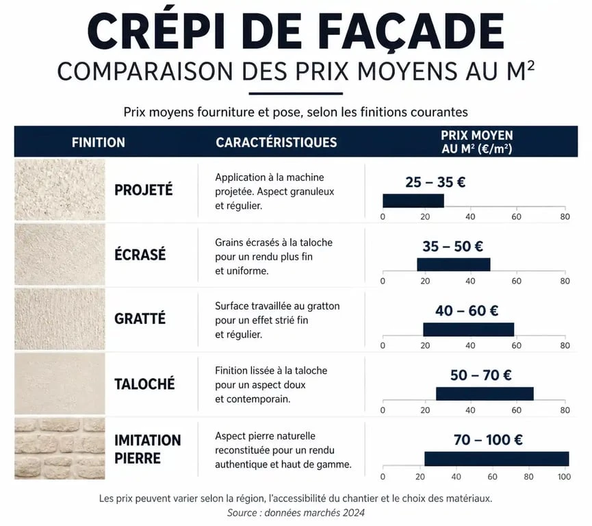 Prix moyen au m² du crépi de façade selon la finition