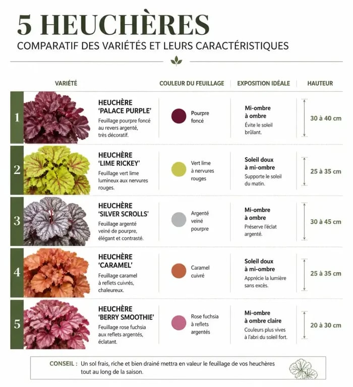 Tableau comparatif des plus belles variétés d'heuchères pour le jardin