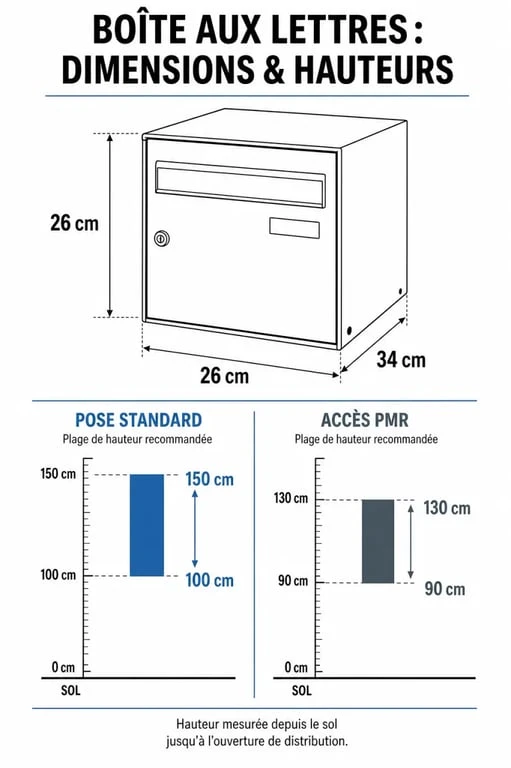 Schéma des dimensions et hauteurs de pose réglementaires pour une boîte aux lettres normalisée