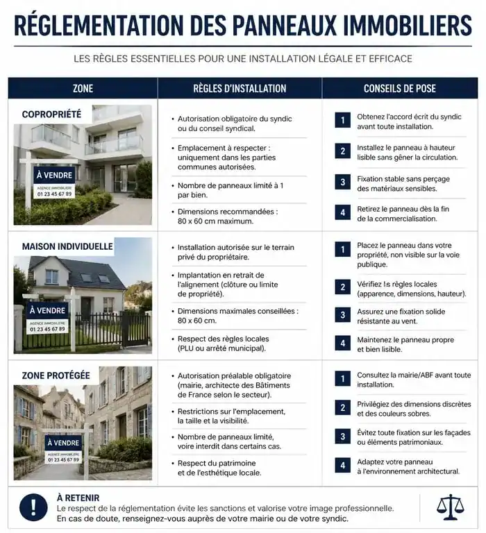 Infographie récapitulative de la réglementation et des conseils de pose pour les panneaux d'agence immobilière