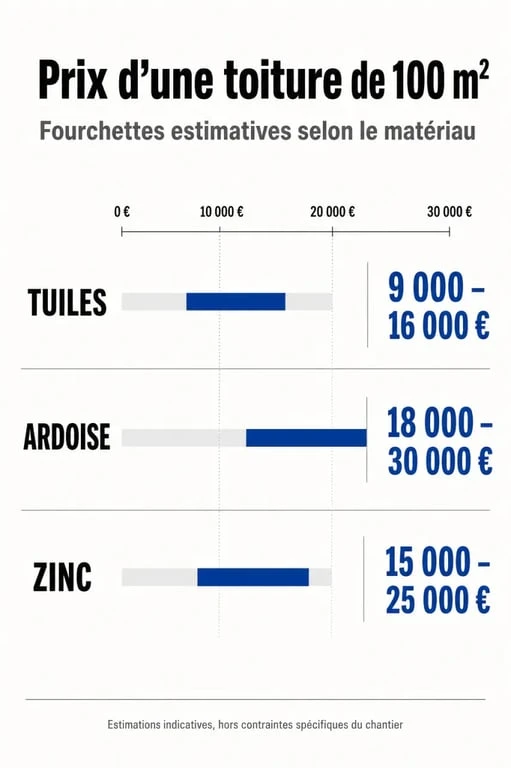 Comparatif des prix d'une toiture de 100m2 selon les matériaux : tuile, ardoise et zinc.