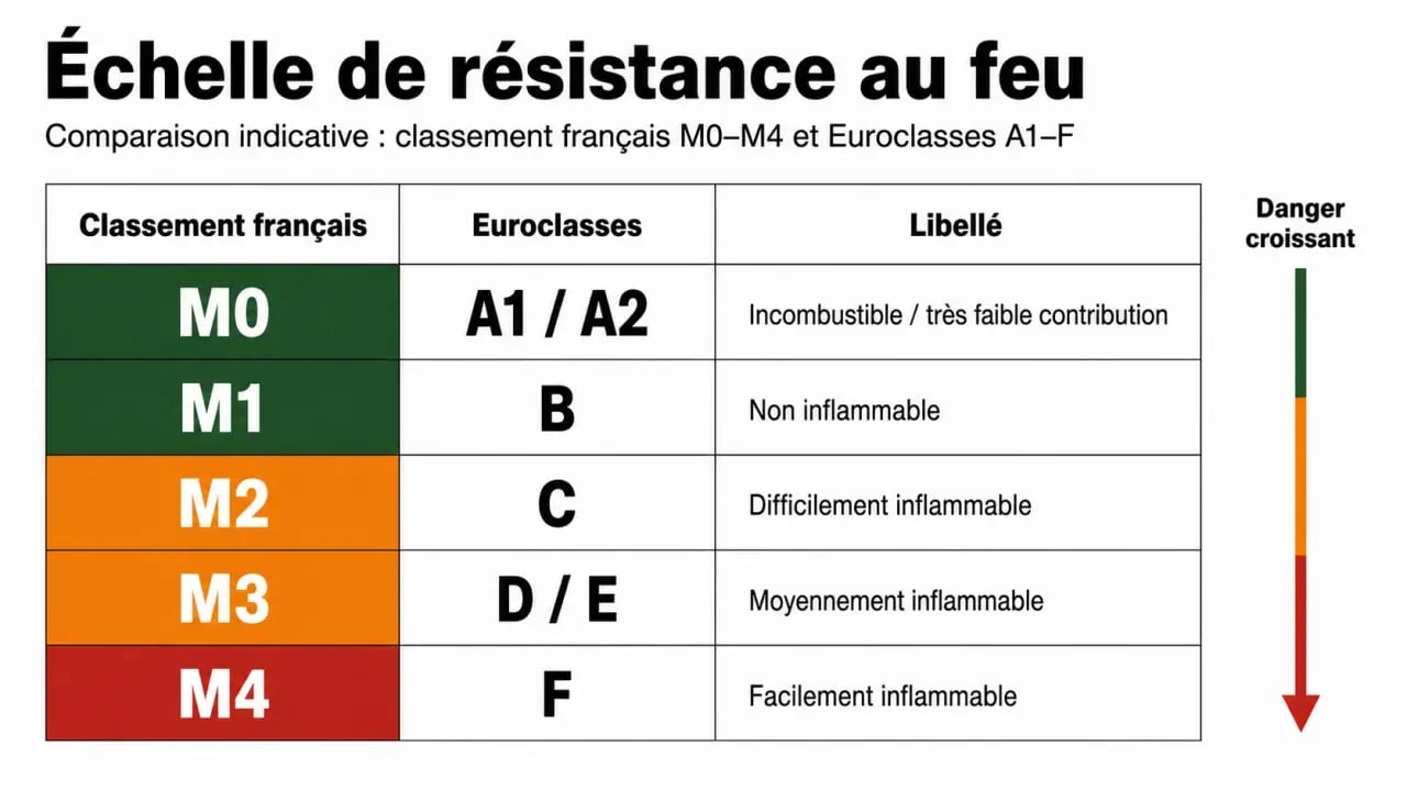 Tableau comparatif des classements de réaction au feu M0-M4 et Euroclasses pour les matériaux ignifuges