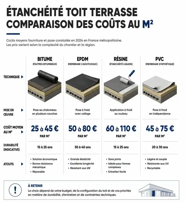 Comparatif des prix au m2 pour l'étanchéité d'un toit terrasse selon les matériaux