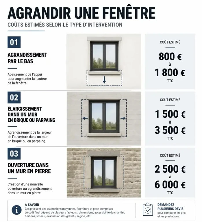 Estimation des coûts pour agrandir une fenêtre selon la complexité des travaux