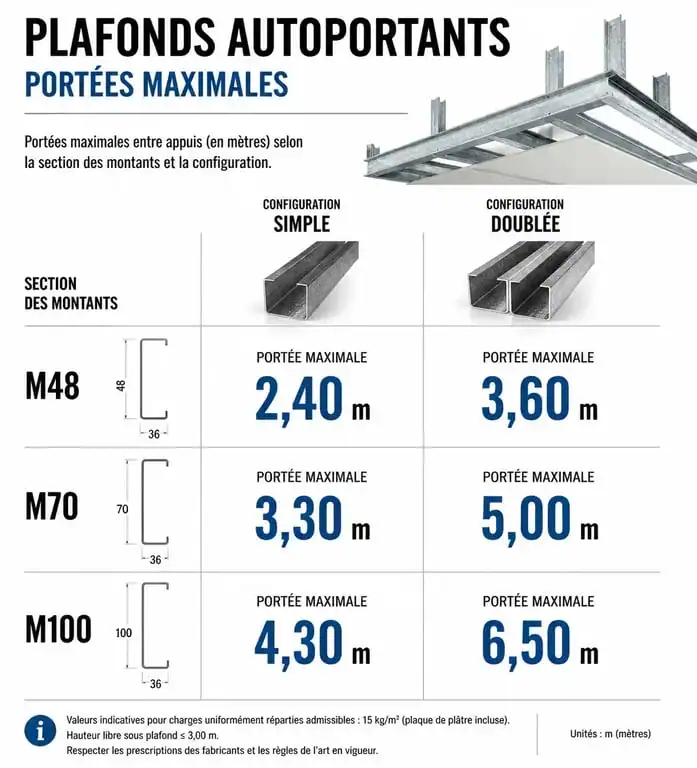 Tableau des portées maximales pour plafond autoportant selon la section des montants