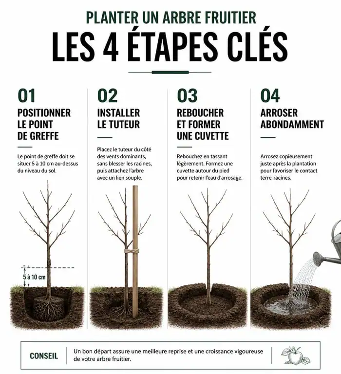 Infographie des étapes pour planter un arbre fruitier : positionnement, tuteurage, rebouchage et arrosage.