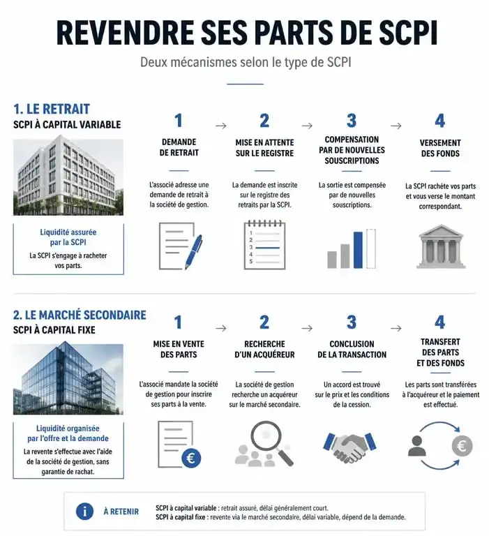 Processus de revente de parts de SCPI : retrait vs marché secondaire