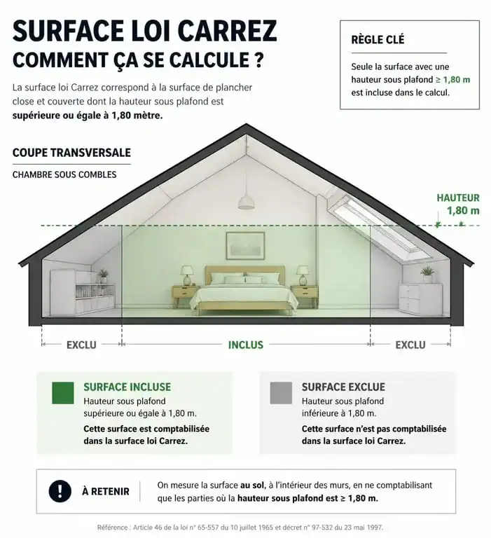 Infographie explicative des règles de calcul de la surface loi Carrez pour une chambre