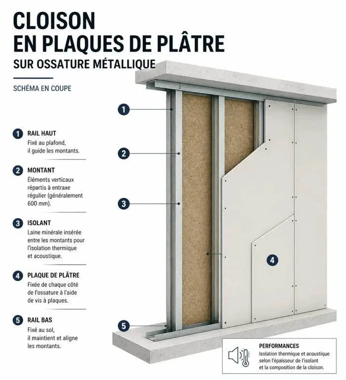 Schéma technique d'une cloison en placo avec rail et isolant