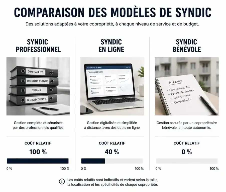 Comparatif des tarifs de syndic pour petite copropriété : professionnel, en ligne et bénévole