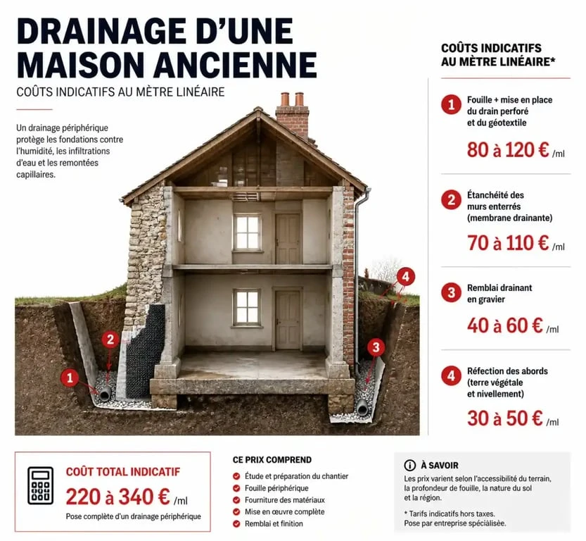 Infographie sur le prix du drainage pour une maison ancienne et les étapes des travaux