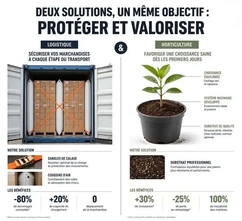 Infographie illustrant la différence entre l'empotage logistique en conteneur et l'empotage horticole en pépinière