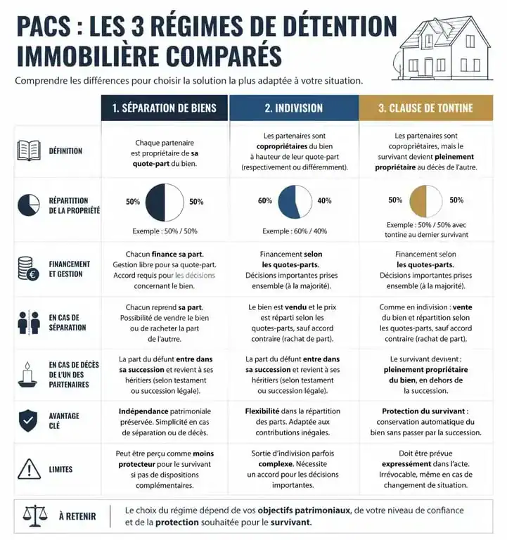 Infographie comparative des régimes de propriété immobilière pour un couple pacsé : séparation de biens, indivision et tontine.