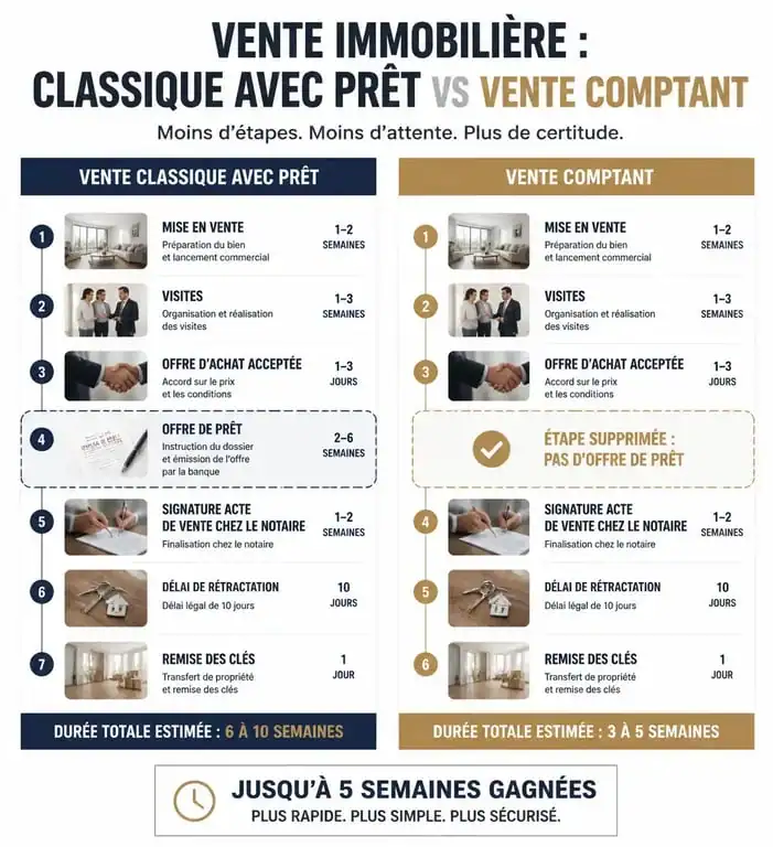 Infographie comparative des délais d'un compromis de vente sans emprunt par rapport à une vente classique