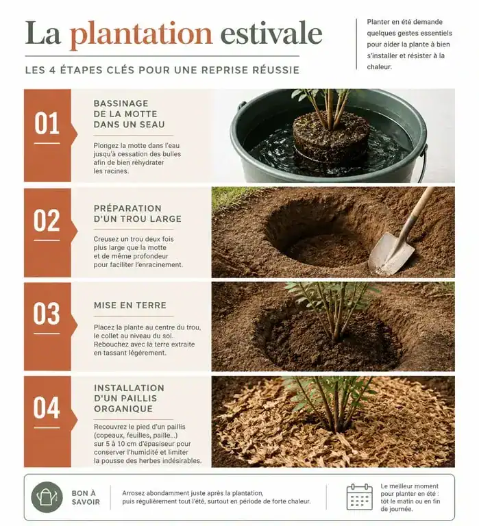 Infographie des étapes pour réussir la plantation de fleurs en juillet et août au jardin