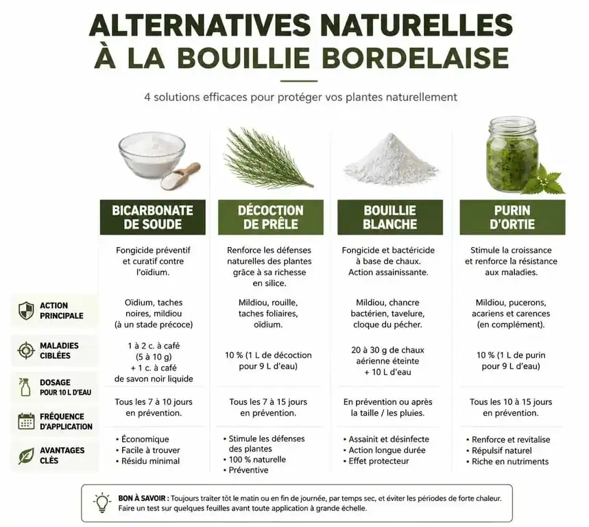 Infographie comparative des alternatives naturelles à la bouillie bordelaise pour le jardin