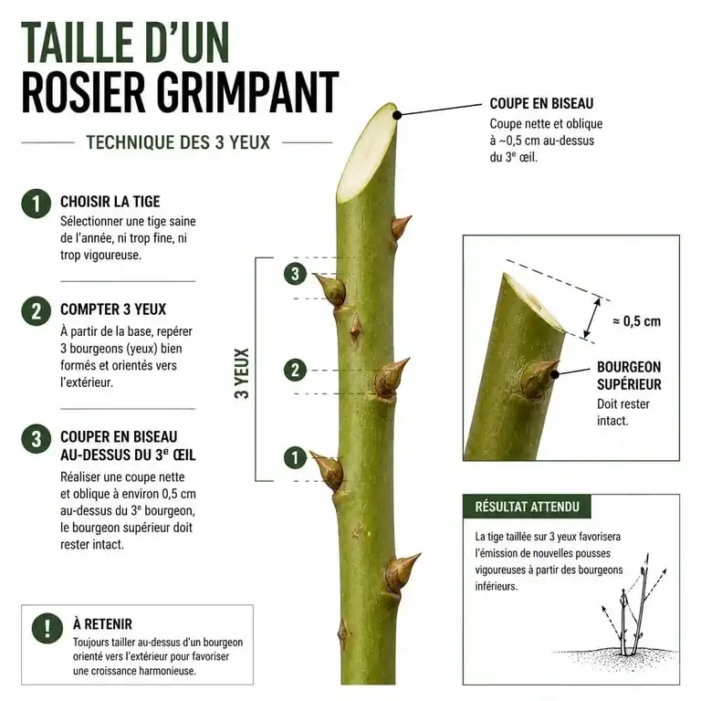 Schéma explicatif de la taille des rosiers grimpants avec la technique des 3 yeux