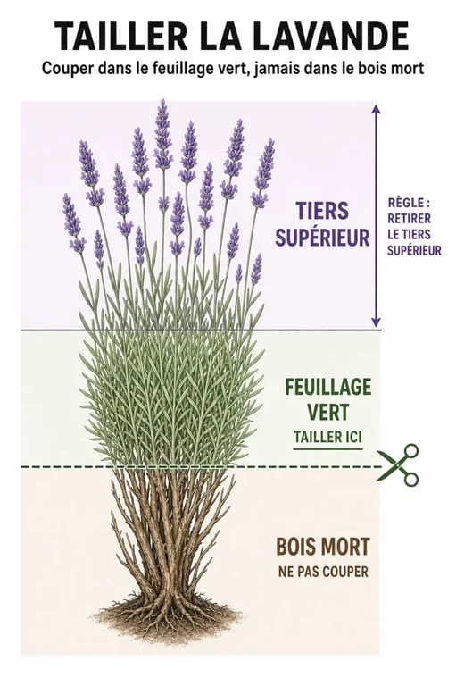 Schéma explicatif pour savoir quand tailler la lavande sans endommager le vieux bois