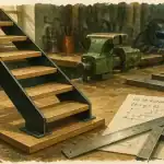 Fabriquer un escalier en metal : maquette acier noir sur établi, règles et équerre